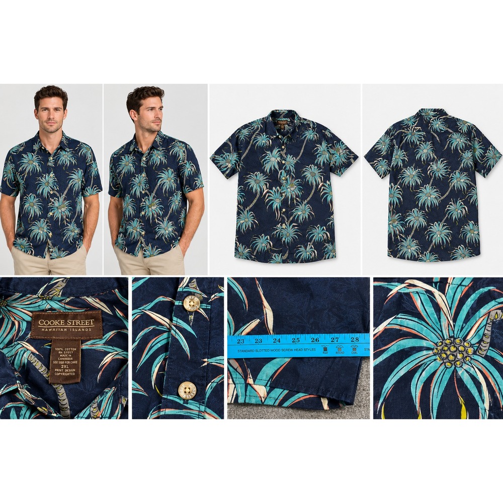 Cooke Street Hawaiian Shirt Men's 2XL Navy Floral Palm Tree Cotton Button Up